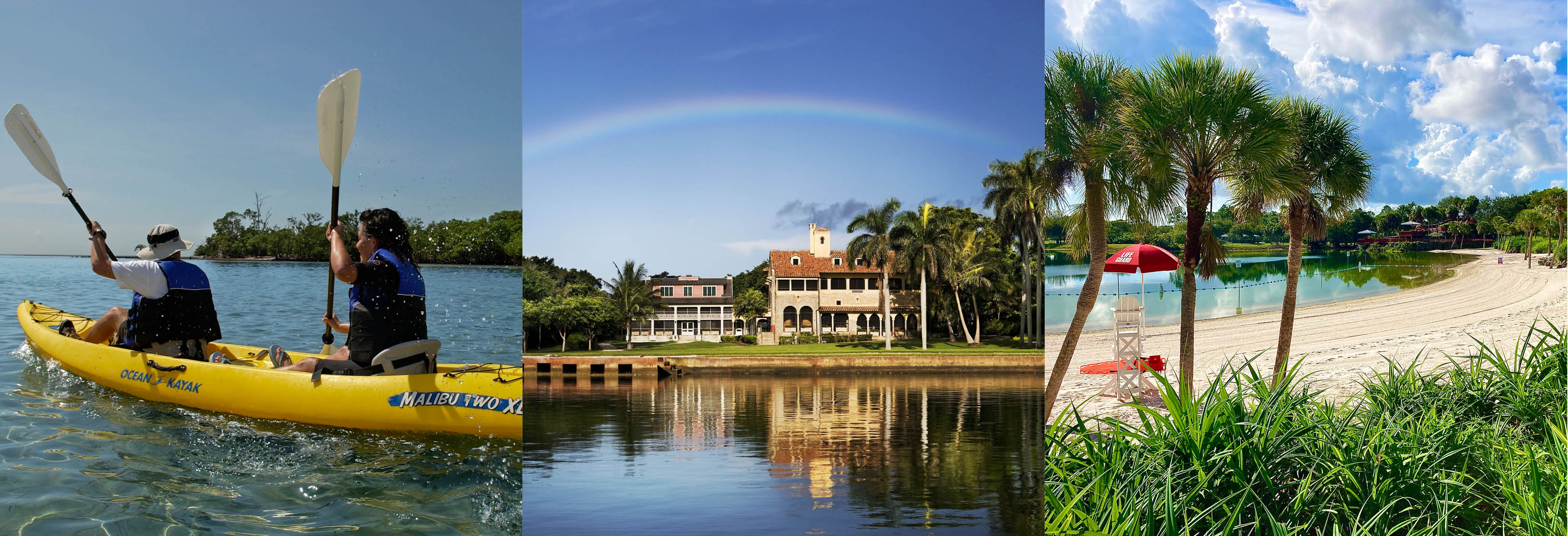 Three panoramic scenes showing a tandem kayak outing along mangrove shoreline, a historic waterfront mansion with a rainbow over the canal, and a sandy lifeguard beach beside a lagoon.