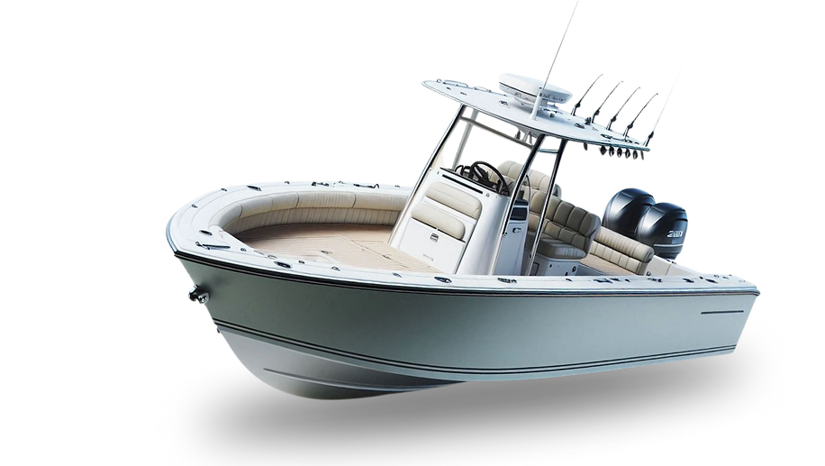 Center console fishing boat with a T-top, rod holders, and twin outboard motors shown on a white background.
