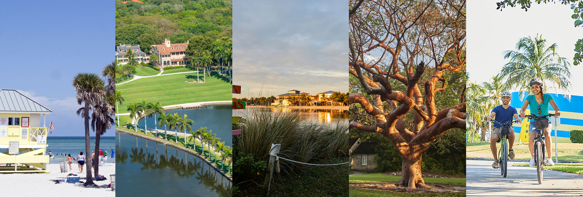 Collage of coastal Florida scenes including a lifeguard stand on a sandy beach, a historic estate above a canal, a waterfront building at sunset, a gnarled tree, and two cyclists on a paved path.