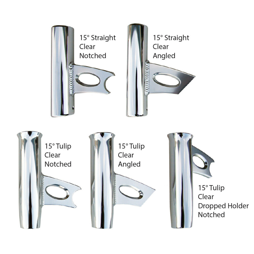Product photo of five polished chrome fishing rod holders with labeled variants, shown against a white background.