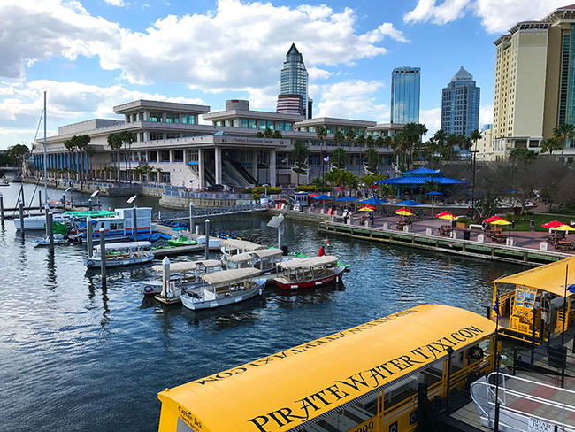 Pirate Water Taxi boats docked at the Tampa Convention Center waterfront, Tampa.