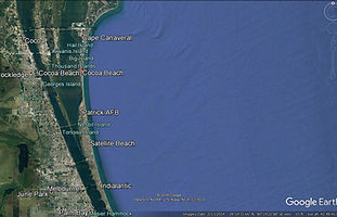 Google Earth satellite map view of the Cape Canaveral and Cocoa Beach coastline on Florida's Space Coast, not a business photo.