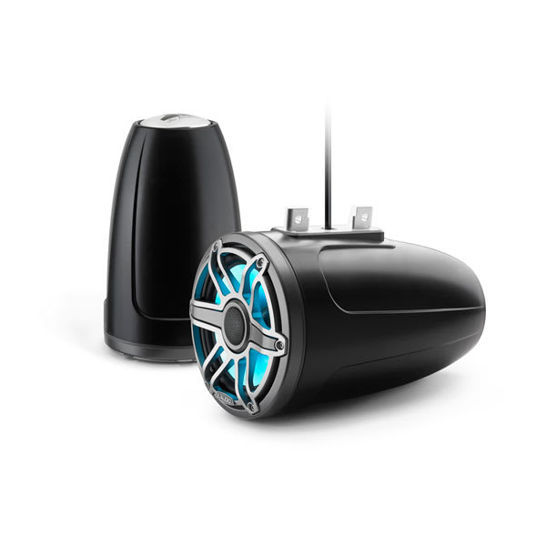 Two black marine speakers, one a cylindrical wakeboard-style tower speaker with a blue-lit grille and one a dome-shaped speaker, shown against a white background.