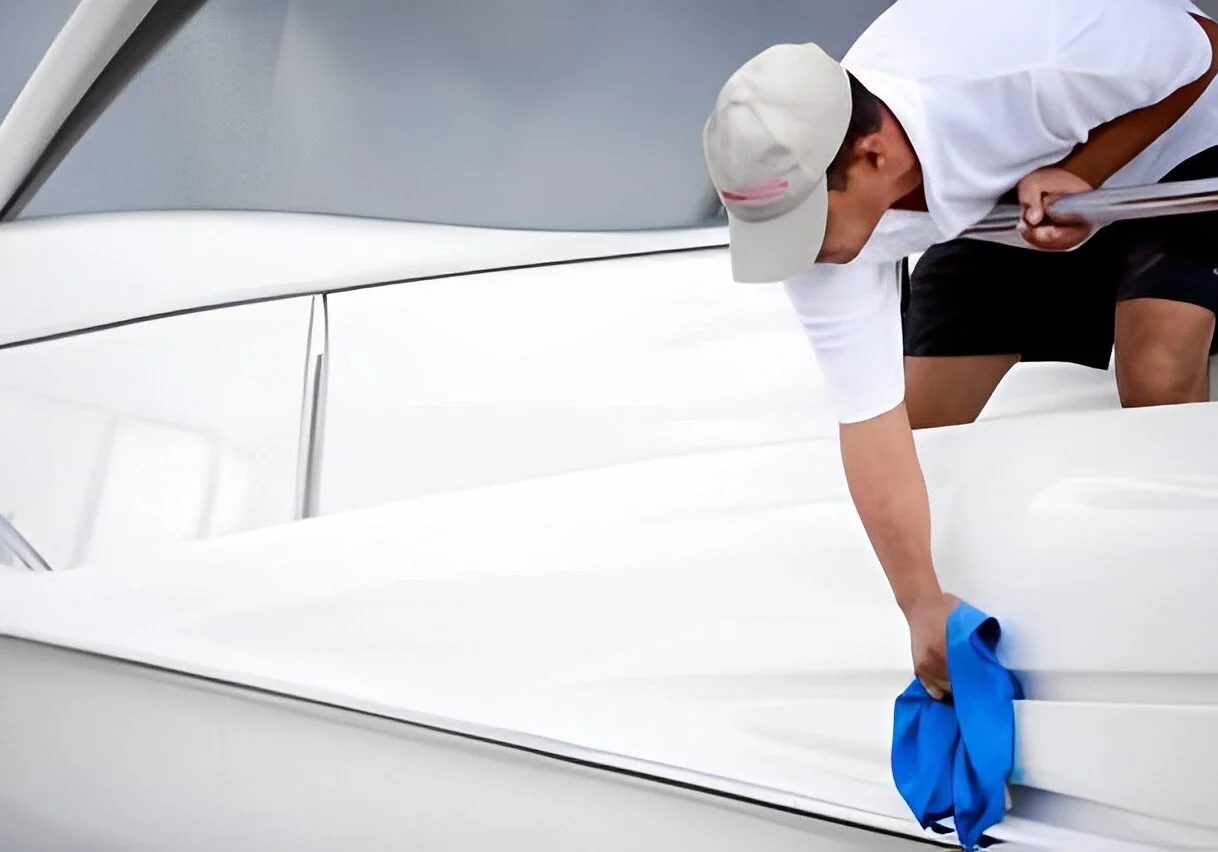 Crew member wiping down the white hull of a boat with a blue cloth.