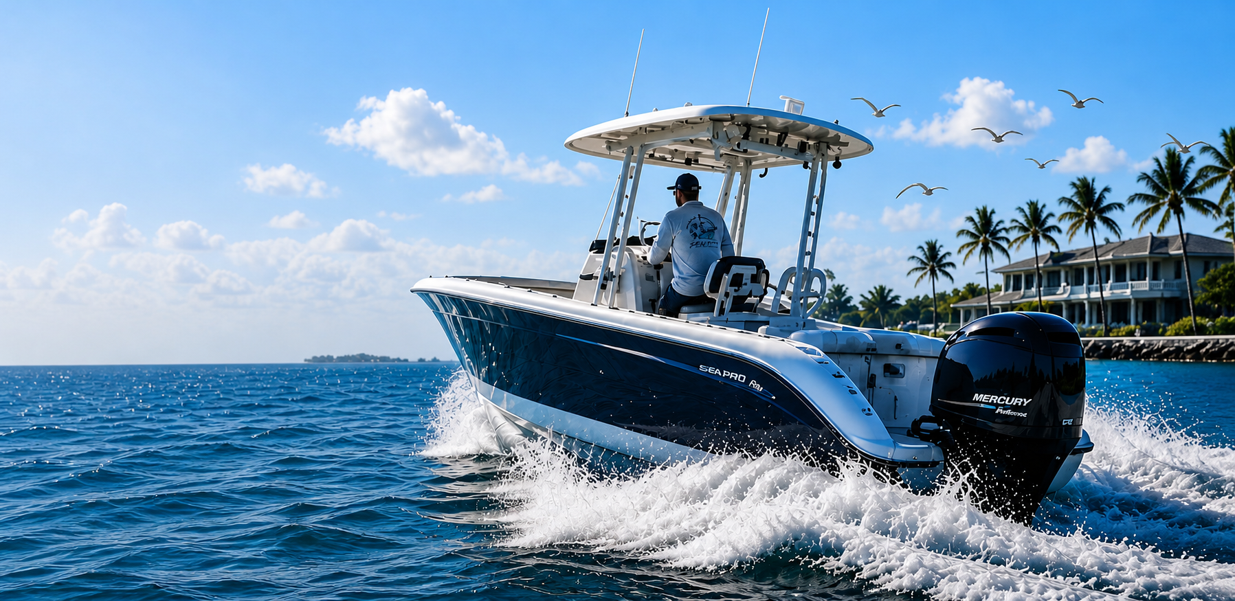 Center console SeaPro boat with a Mercury outboard underway on open water beside a palm-lined waterfront estate.
