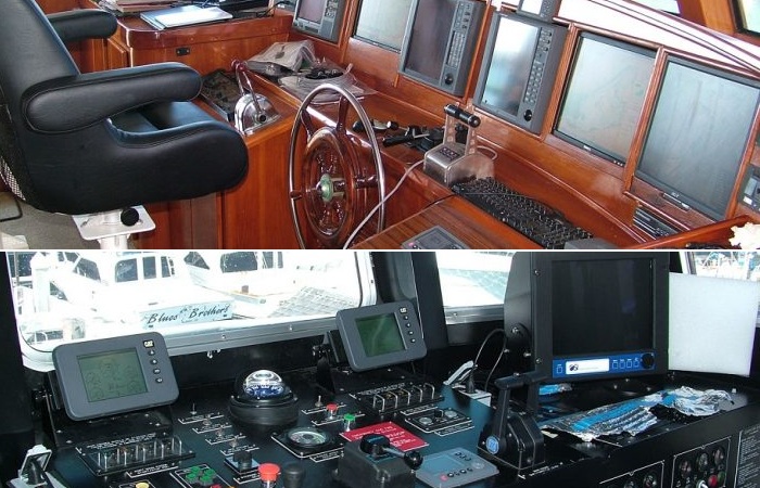 Wheelhouse helm stations with wood trim, navigation displays and a steering wheel on a boat, with a second bridge console showing GPS and radar equipment at Blues Brothers, town unknown.