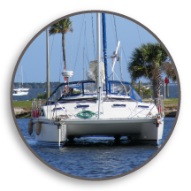 White catamaran sailboat moored on calm water with palm trees along the shoreline.