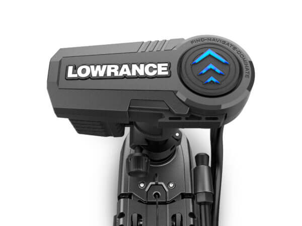 Lowrance trolling motor head unit with illuminated blue navigation controls, shown against a white background.