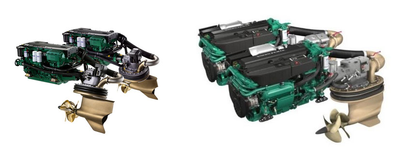 Twin green marine diesel engines with bronze propellers and steerable drive units, shown against a white background.