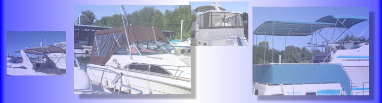 Collage of powerboats fitted with canvas covers, bimini tops and enclosures at a marina dock.