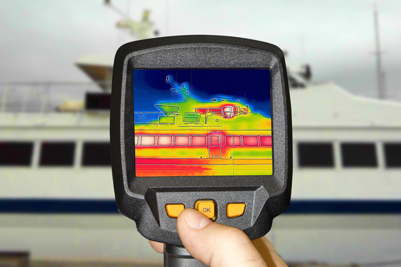 Handheld thermal imaging camera displaying a false-color heat scan of a white motor yacht at a dock.