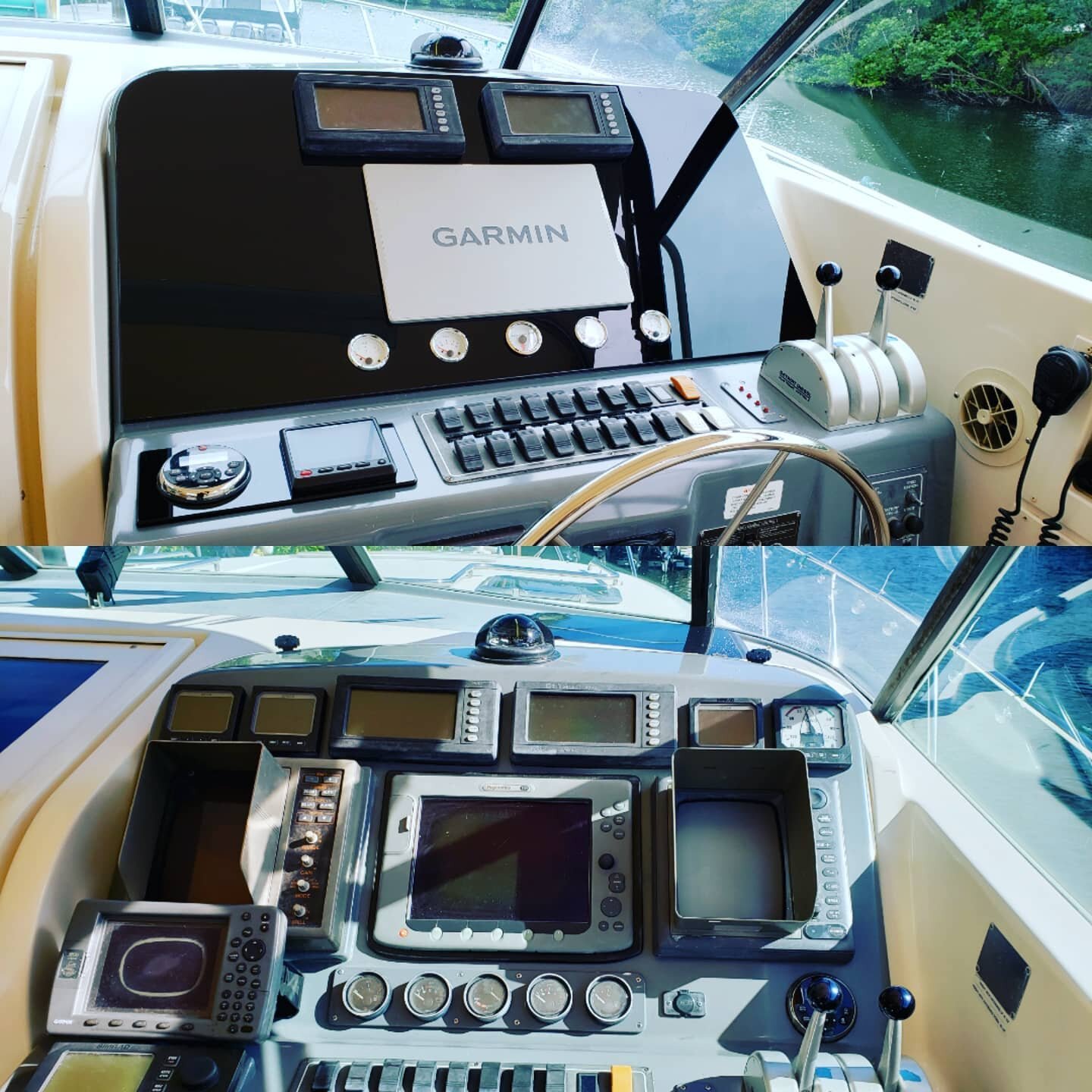 Side-by-side helm console photos of a motor yacht showing older analog and display instruments in the lower image replaced by a modern Garmin electronics package in the upper image.
