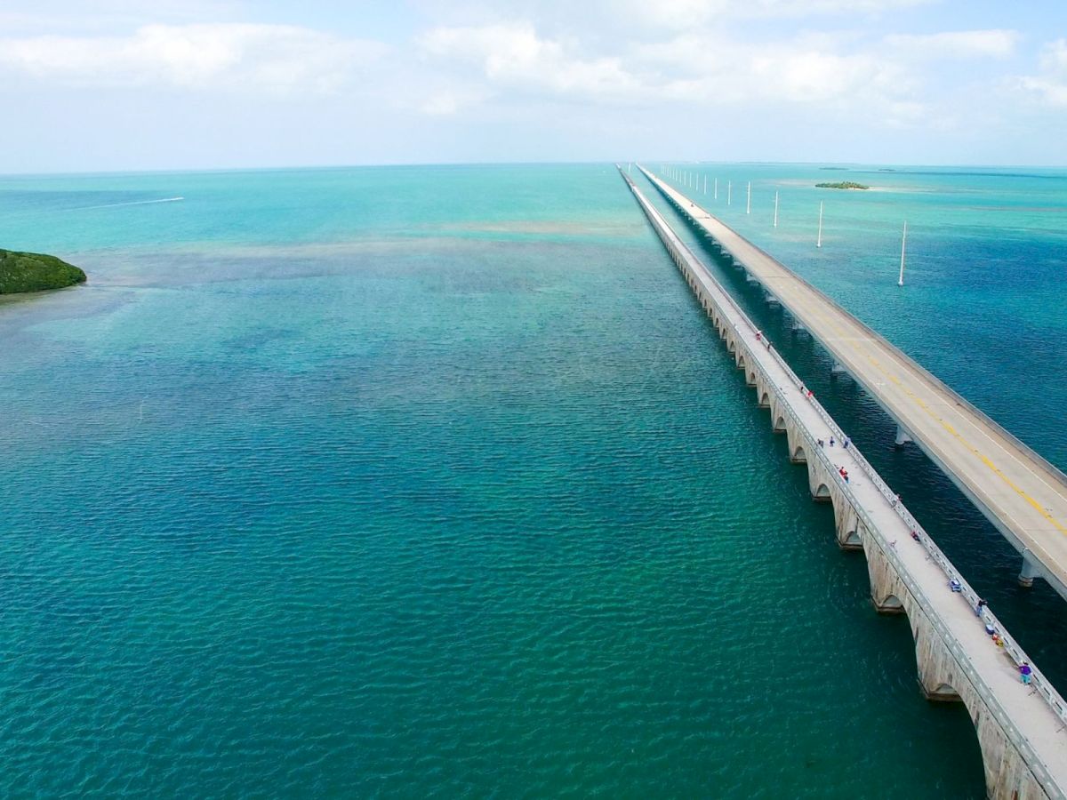 Aerial view of the Seven Mile Bridge spanning turquoise Florida Keys waters near Marathon.