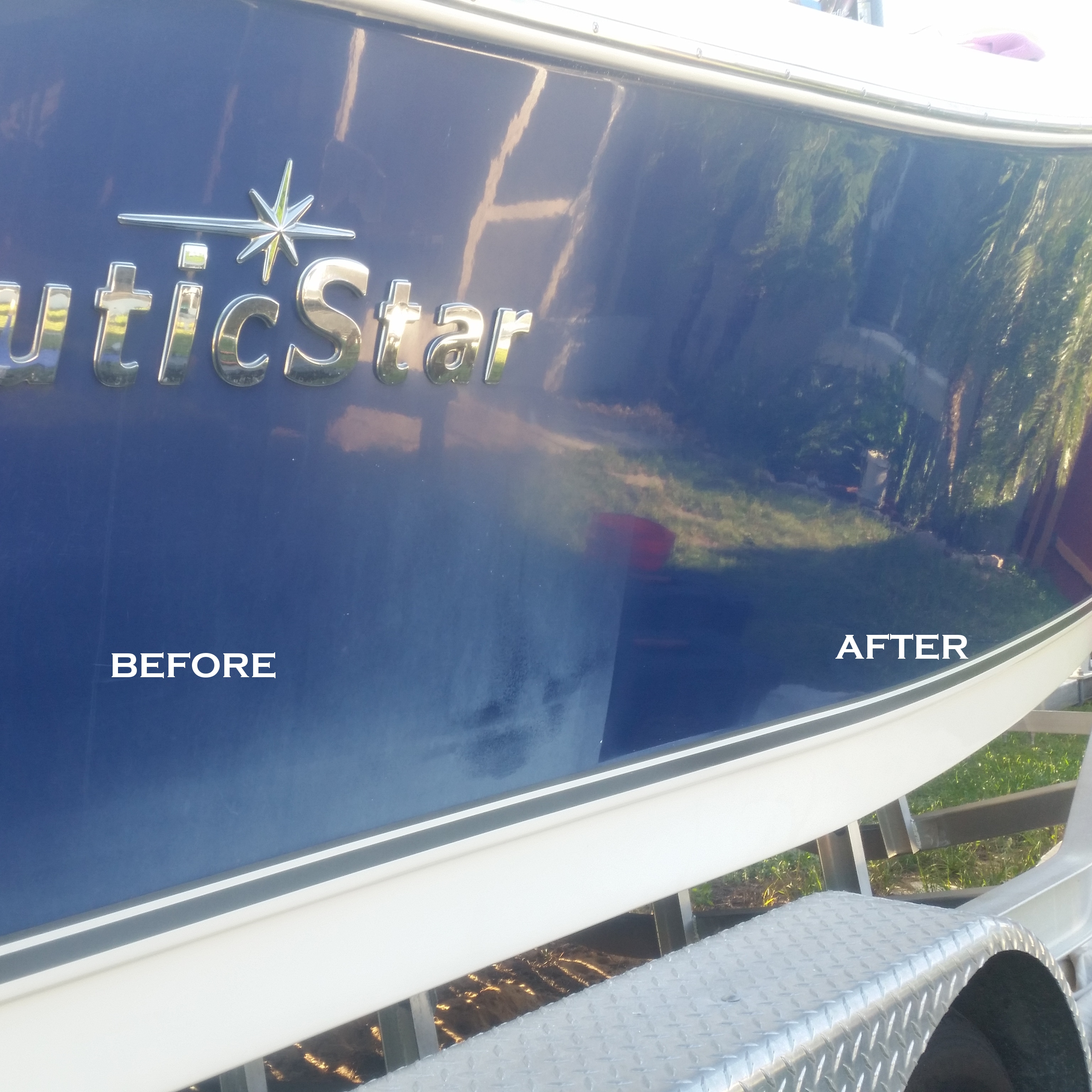 Side-by-side before and after view of a navy blue NauticStar boat hull showing the restored, glossy finish after polishing.
