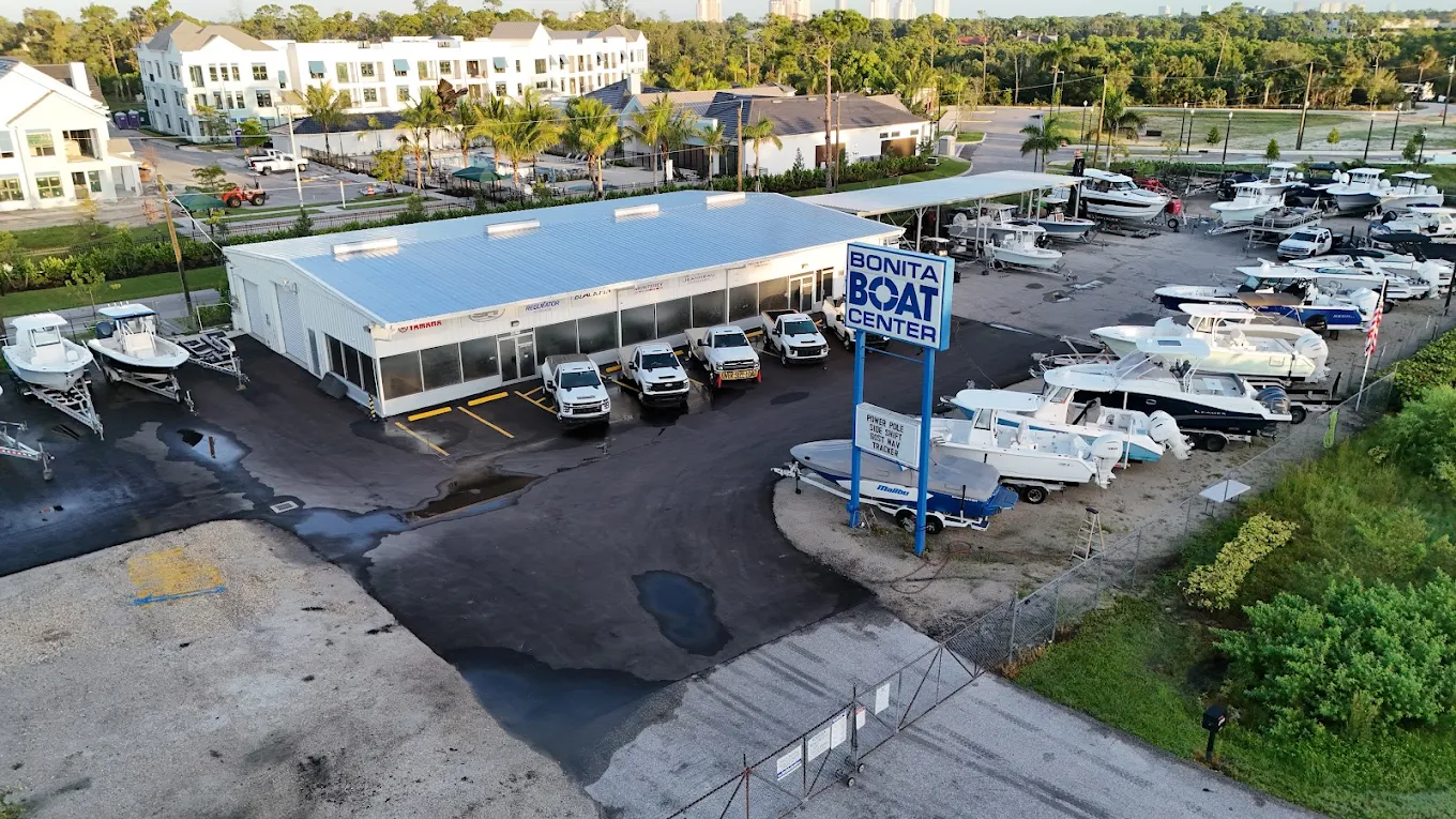 Aerial view of the showroom and boat lot at Bonita Boat Center, Bonita Springs.
