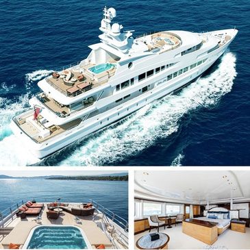 Large white motor yacht underway on open water, shown with its aft jacuzzi deck and a luxury stateroom interior.
