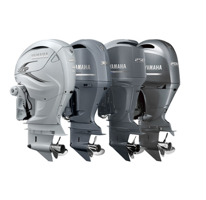 Four Yamaha outboard motors of different sizes displayed side by side on a white background.