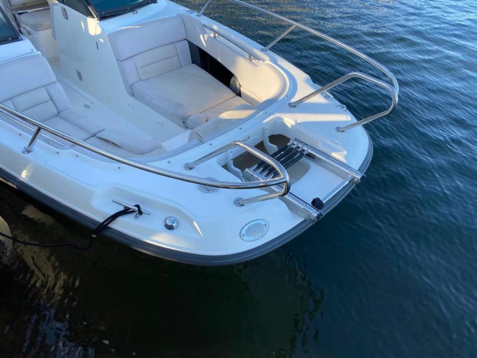 Bow of a white cabin cruiser with stainless steel handrails and a swim ladder, tied up at a dock.
