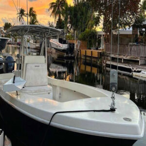 Center console boat with a T-top moored along a residential canal lined with palm trees at sunset.