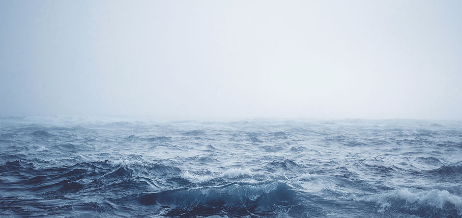 Choppy open ocean with whitecaps stretching toward a misty horizon.