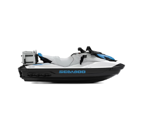 A white and blue Sea-Doo personal watercraft shown in side profile against a plain white background.