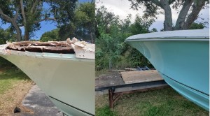 Before-and-after repair of a fiberglass boat bow, shown with a damaged section on the left and a smoothed, painted hull on the right.
