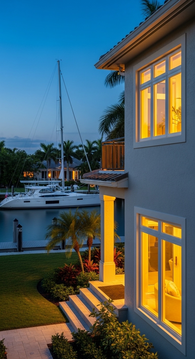 Waterfront home with lit windows and a white motor yacht docked on the canal at dusk