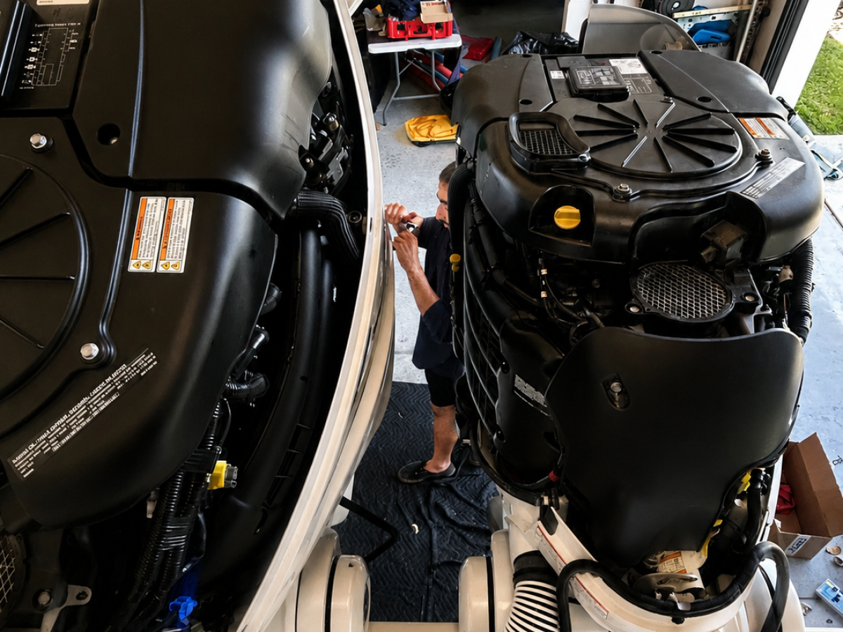 Technician servicing twin marine engines on a white boat in a workshop garage.
