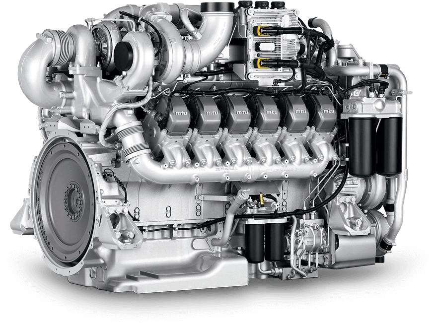 MTU marine diesel engine with turbochargers and electronic controls, shown as a product photo without a specific business location.