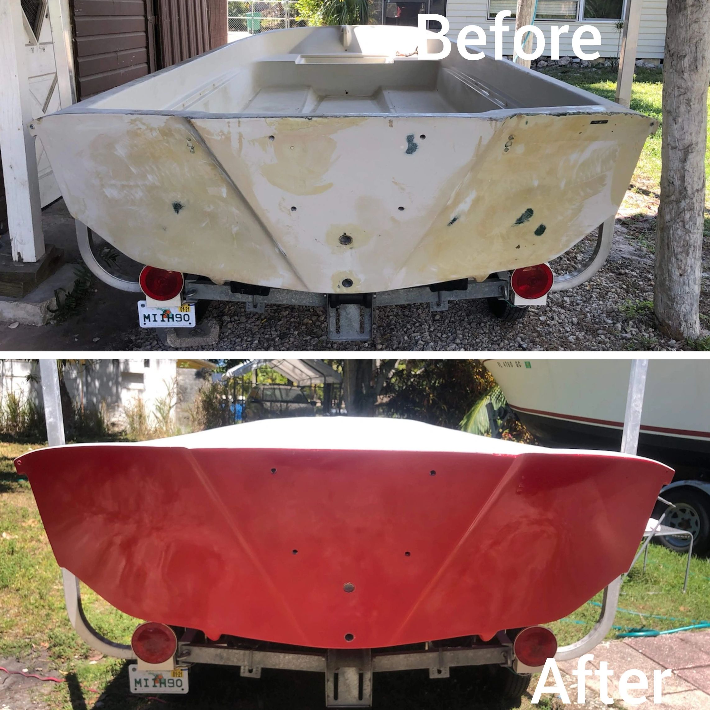 Side-by-side before and after photos of a small boat's fiberglass transom, showing a worn, chalky cream surface with filled holes restored to a smooth, glossy red finish.